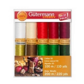 Gutermann Cotton 50 - Dekor Metallic Winter Red and Greens Photo