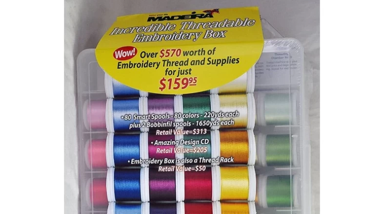 Madeira Incredible Threadable Embroidery Box 80 Color 220 yd Smart Spools, 2 Bobbinfil Spools 1650yds Each Banner Photo